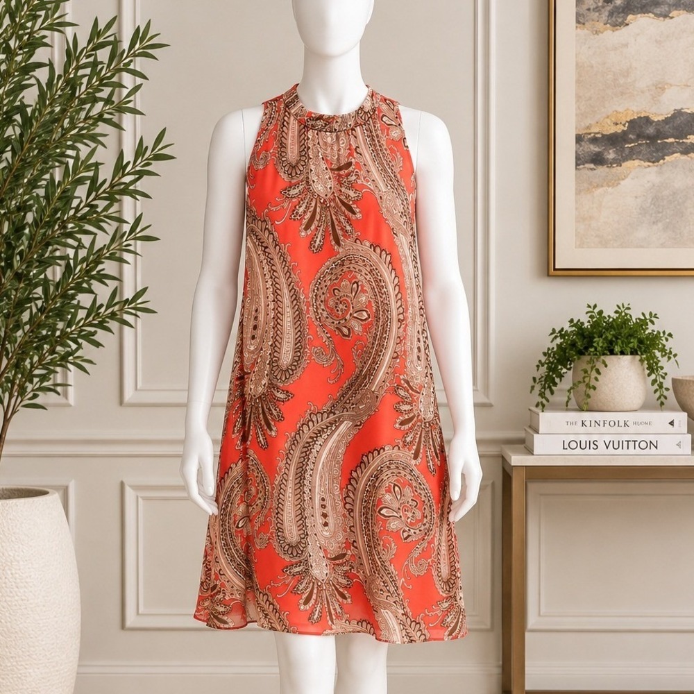 Everly Women Dress Paisley Print Orange Brown Sleeveless Shift Small
